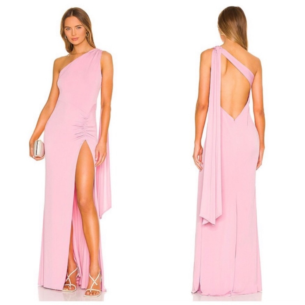 Katie May Los Angeles Raising the Bar Pinky Mauve Thigh Slit One Shoulder Gown